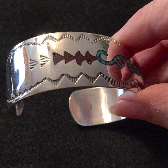 Coral & Turquoise Inlaid Cuff Bracelet - Picture 2 of 4